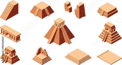 Isometric ancient pyramid collection, Mayan temple structures, archaeological ruins set, historical architecture, stone monuments, cultural heritage, minimal 3D illustration design
