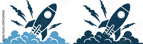 Rocket ship launch icons in blue with smoke and flames