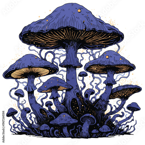 Adobe Illustration Hand drawn mystical purple mushroom cluster vector illustration