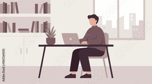 Man working on laptop in home office environment, minimalist illustration