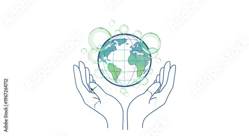 Earth in hands with green bubbles.