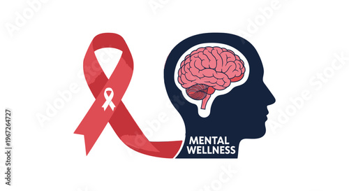 Mental wellness awareness symbol with brain and red ribbon.