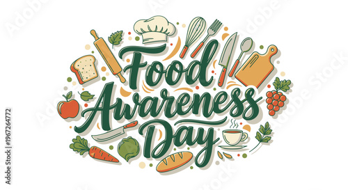 Food Awareness Day logo illustration with fresh produce and utensils.