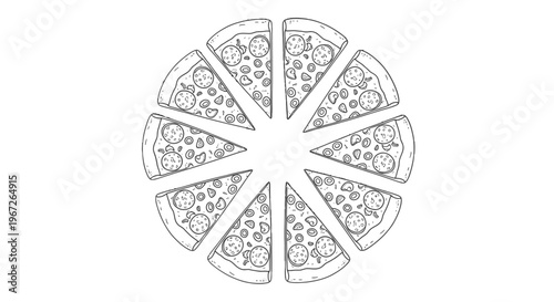 A line drawing of a pizza cut into slices.