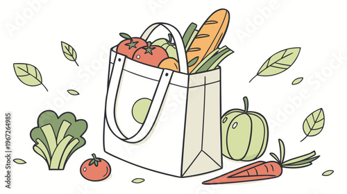 Reusable eco bag with fresh vegetables and fruits on white background, photorealistic image with copy space. Zero waste concept, healthy eating, vegetarian diet, grocery shopping, sustainable .vector