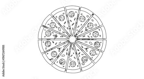 A black and white illustration of a pizza.