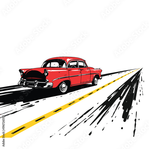 Vintage Red Classic Car Driving on Highway Vector Illustration