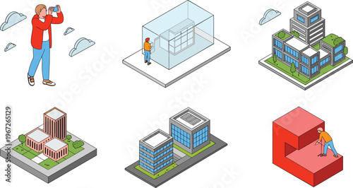 Isometric architecture design process concept photographer modeling buildings development workflow urban planning construction visualization 3D illustration city project creative