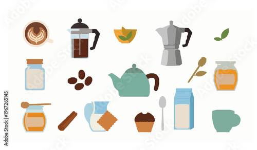 Flat vector illustration of coffee and tea accessories with cups, pots, beans, and pastries