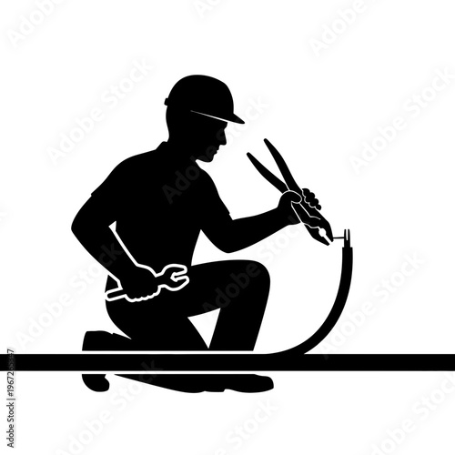 Man working with pipe and tools.