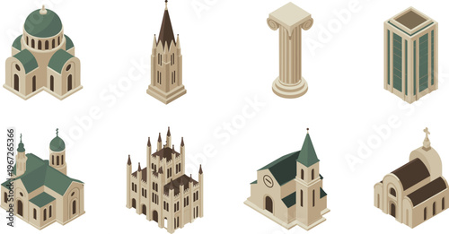 Isometric architecture icons set, churches columns towers and buildings collection, historic European style, city elements, detailed vector illustration pack