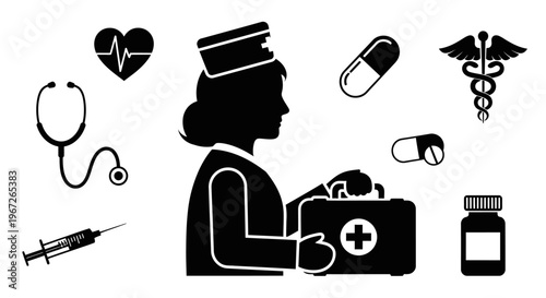 Nurse with medical kit and tools.
