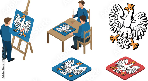 Isometric artist painting heraldic eagle illustration design process creative workspace logo creation steps vector graphic set