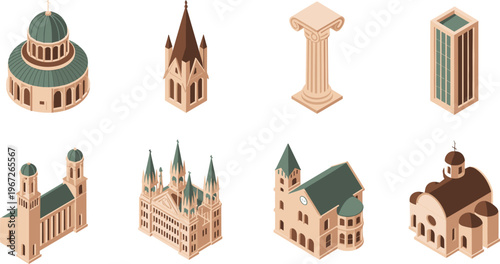 Isometric architecture icons collection, churches cathedral column and buildings set, historic European style, city elements, detailed vector illustration pack