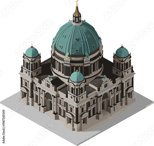 Isometric Berlin Cathedral illustration, historic dome architecture landmark, European church building, travel destination, cultural heritage, detailed vector city icon design