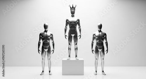 Three metallic figures stand arranged with one elevated and wearing headwear in a bright  environment.