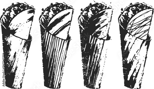 set of four black and white hand drawn burritos with varied fillings and folded tortillas