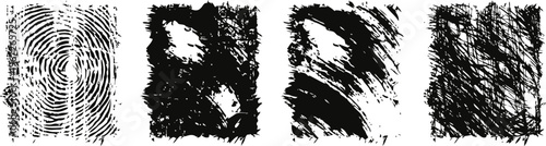 Set of four distressed grunge fingerprint patterns in black and white with various unique textures and swirl designs