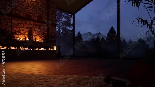 A cozy modern interior with a fireplace and a view of the mountains on a rainy day. 3D animation.