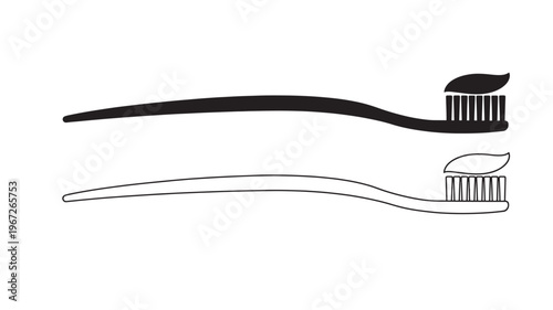 Toothbrush icon with toothpaste blob on bristles, represented in solid black and outline styles for dental hygiene concepts.