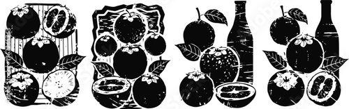 black silhouettes of fresh citrus fruits and bottles in artistic cutout with leaves