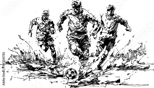 Three soccer players running and competing aggressively for the ball on muddy field