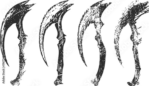 vintage medieval scythe tool silhouette set farming, harvest, agriculture, gardening implements collection