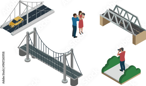 Isometric bridge set illustration, suspension and truss bridges with people photography, transport infrastructure concept, urban elements, detailed vector design collection