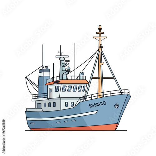 Fishing boat illustration, commercial vessel, maritime transport, nautical theme