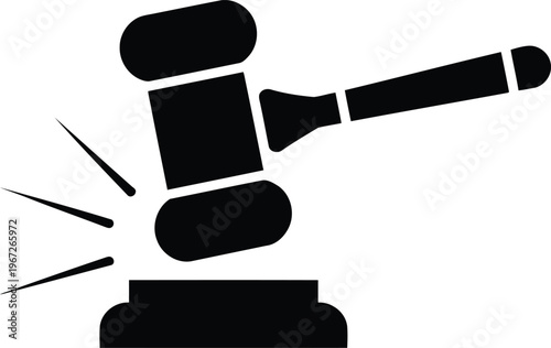 A black and white image of a gavel striking a block