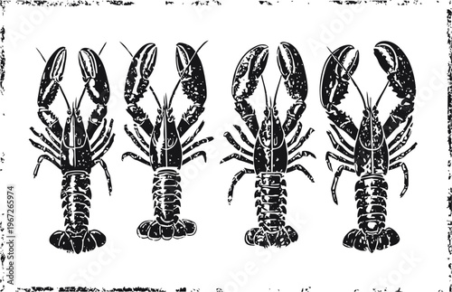 Four black lobster silhouettes lined up in vintage distressed illustration