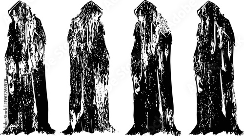Four dark hooded figures standing side by side mysterious cloaked silhouettes in shadowy robes