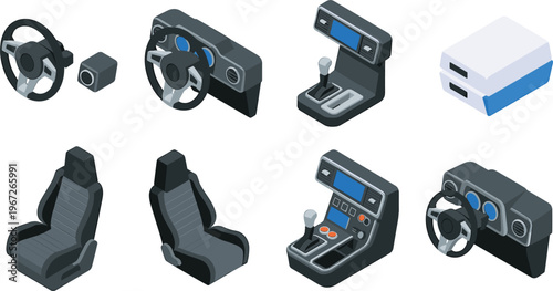 Isometric car interior components set, steering wheel dashboard seats and gear console, automotive parts collection, vehicle design elements, detailed vector illustration
