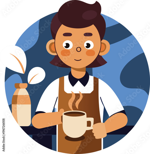 Barista holding a cup of hot coffee and a milk jug Keywords: barista, coffee, drink, hot