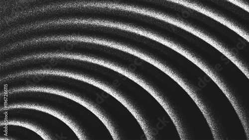 Grainy black and white background with concentric circular waves, glowing highlights and spiral ripples created from thousands of individual dots. Glares create an illusion of depth and optical motion
