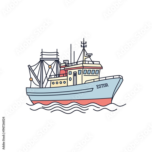 Fishing Trawler Boat "ESTOR" Sailing on Blue Water, Cartoon Style Illustration