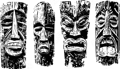 Carved wooden tribal masks with expressive faces, indigenous cultural art symbols of tradition and identity