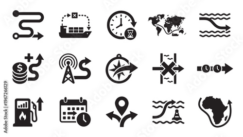 Global trade route and supply chain disruption glyph icon set for shipping, logistics, geopolitics, and economic flow UI design