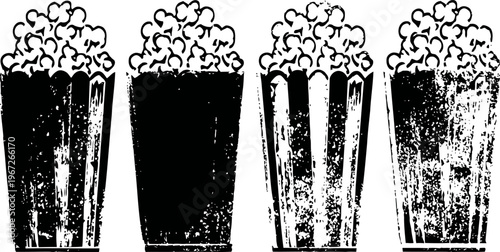 Popcorn containers with overflowing popcorn in black and white vintage grunge set