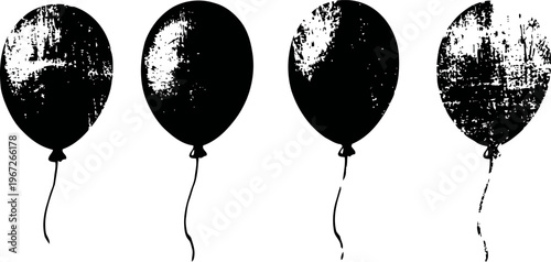black balloons with grunge texture, isolated silhouette set of four floating balloons