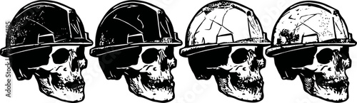 construction helmets on cracked human skulls safety gear concept with damaged bones illustration