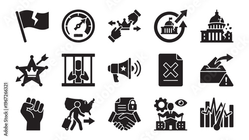 Political unrest and civil conflict glyph icon set for protest, governance crisis, corruption, and social instability UI design