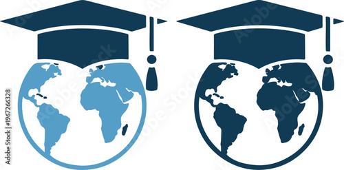 Graduation caps with globe icons for education and international learning concepts