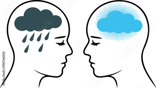 Woman head profile silhouette with contrasting dark and clear sky, dual mood concept, mental state, day and night abstract illustration
