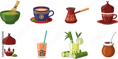 Traditional and Modern Beverage Set Featuring Matcha Tea, Turkish Coffee, Bubble Milk Tea, Sugarcane Juice and Herbal Drinks Vector Illustration Collection
