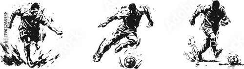 Dynamic soccer player silhouettes in action kicking and running with ball in black and white