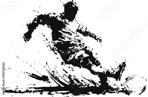 dynamic football player kicking ball with powerful motion and splash effect in black silhouette