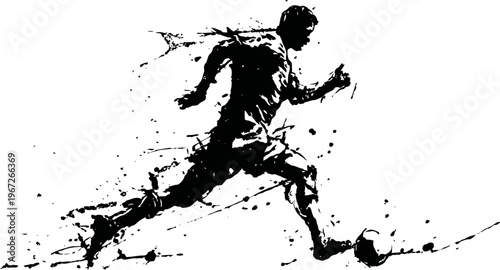 Dynamic soccer player silhouette kicking ball, sport action motion, athletic energy and power