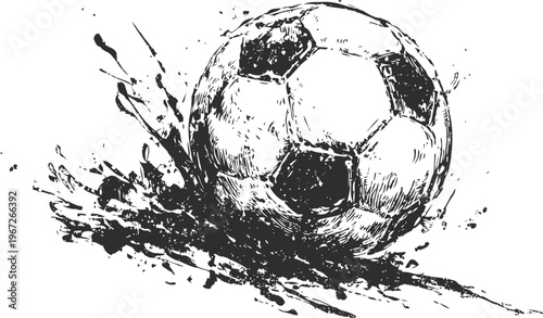 Black and white soccer ball with paint splash effect grunge football illustration, dynamic sport design