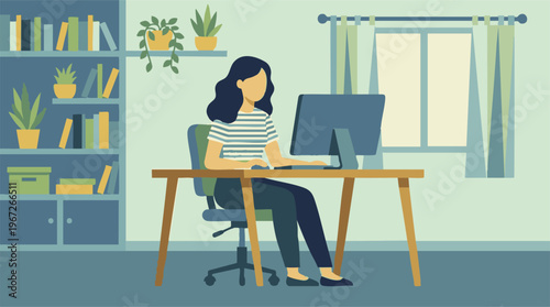 Minimalist illustration of a female remote worker at a home office desk